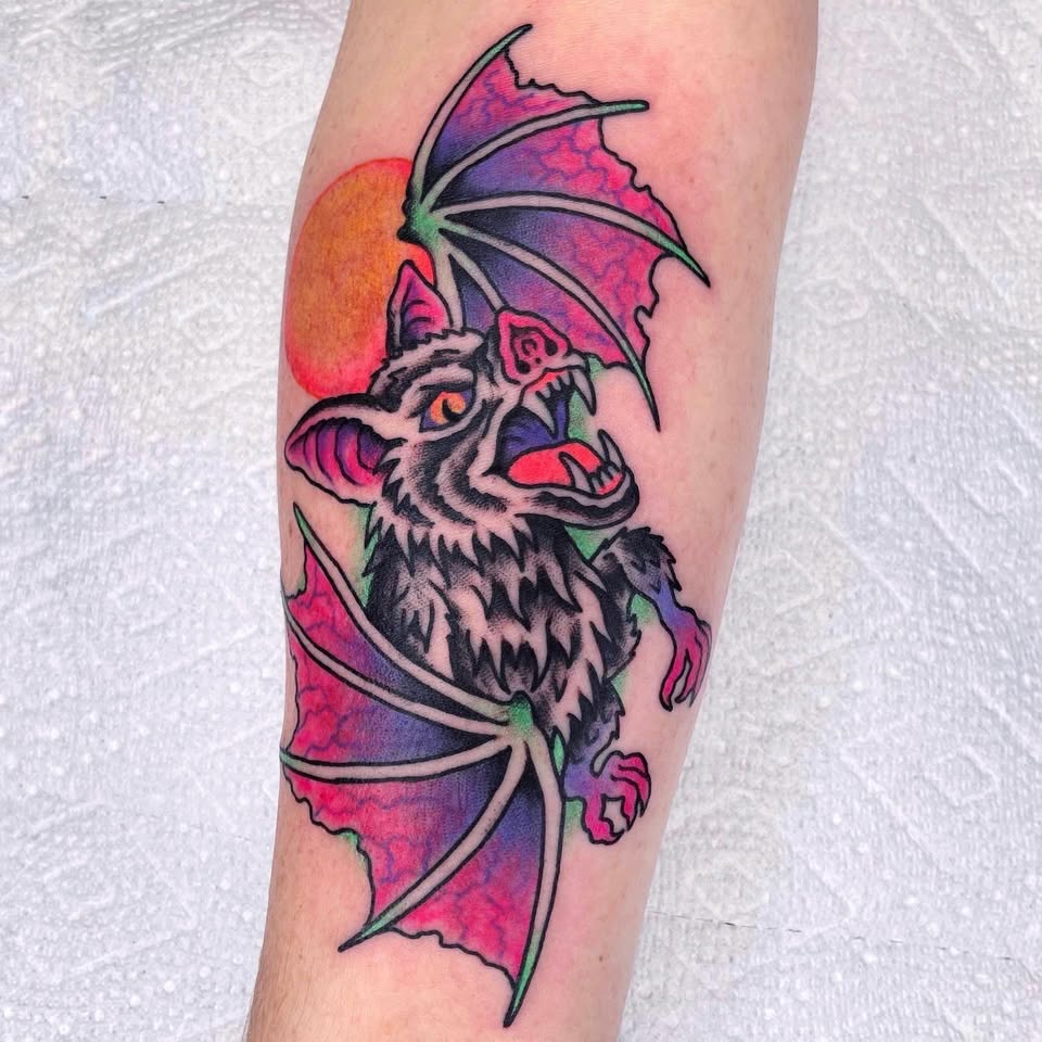 Traditional screaming bat tattoo