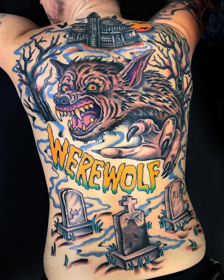 Full werewolf back piece tattoo