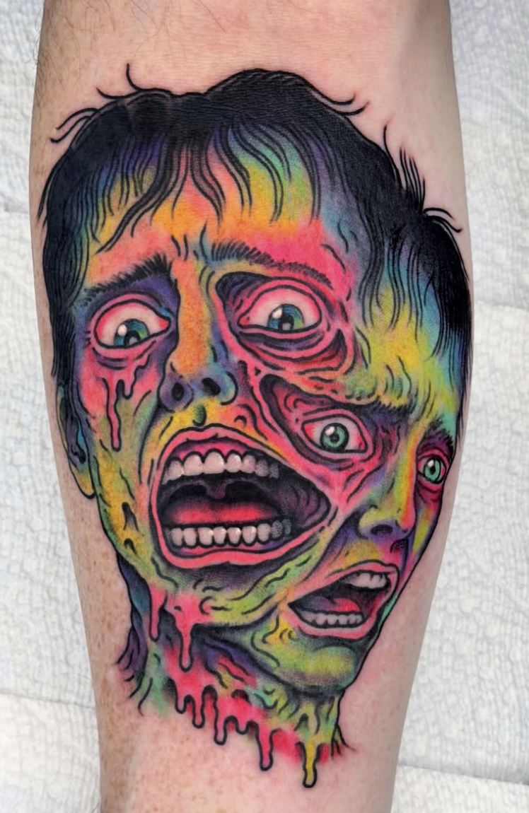 Neon melting horror face tattoo
